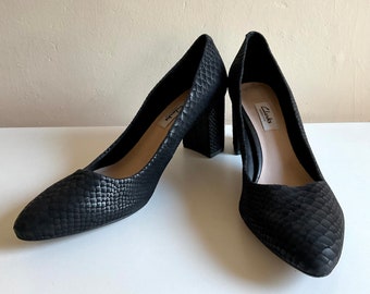 Clarkes ladies black mock snake, suede  shoes with 7cm heel size 6 1/2