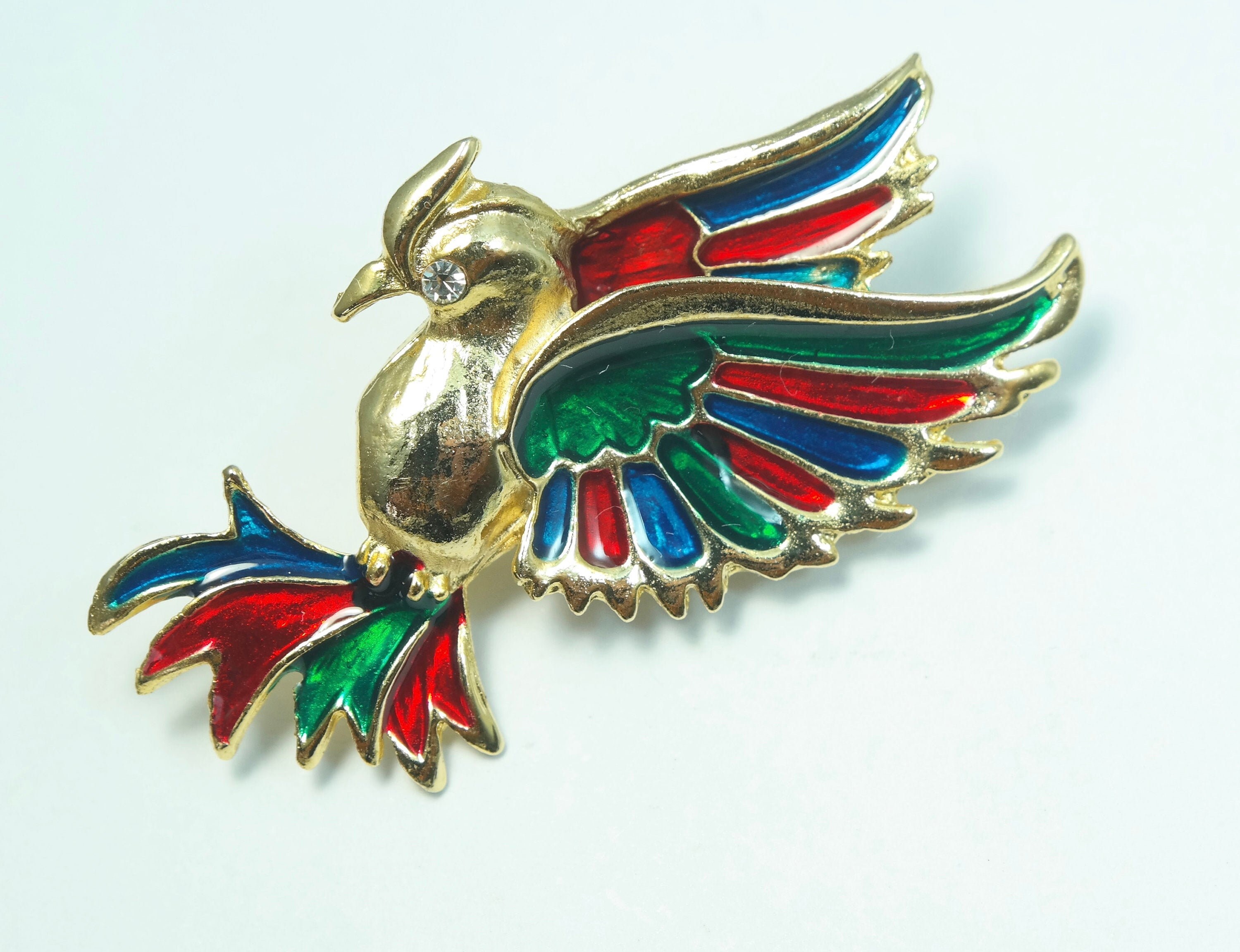 Vintage 1980s gold plated rhinestone enamel bird tie pin