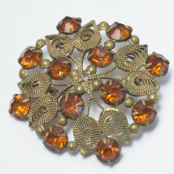 Tiny vintage/ estate 1940s Czech style, brass filigree and brown paste/ glass, costume brooch/ pin - jewelry jewellery