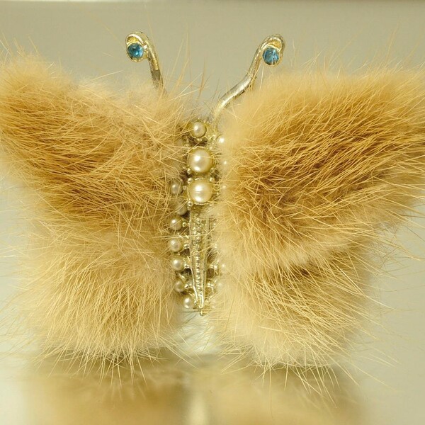 Vintage 1950s, gold tone, fur, costume pearl and blue paste/ rhinestone butterfly brooch pin - jewellery jewelry