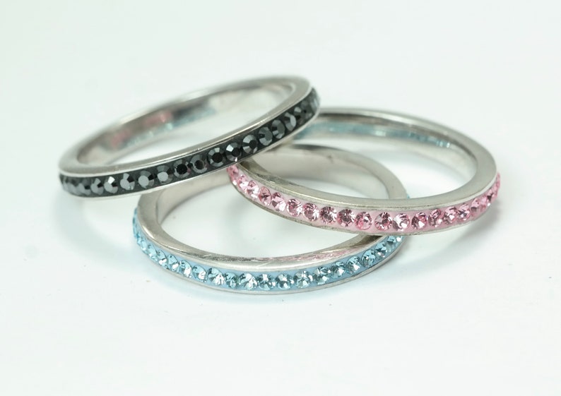 stackable ring set Vintage estate modernist minimalist sterling silver and blue pink grey cz size 0 12 jewelry jewellery
