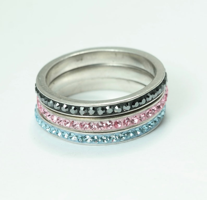 stackable ring set Vintage estate modernist minimalist sterling silver and blue pink grey cz size 0 12 jewelry jewellery