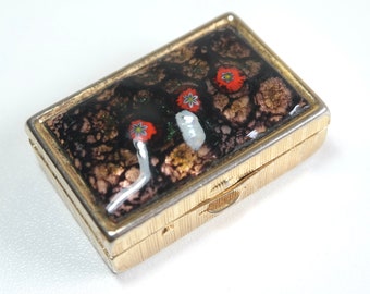 Vintage miniature gold plated and brown enamel pill box