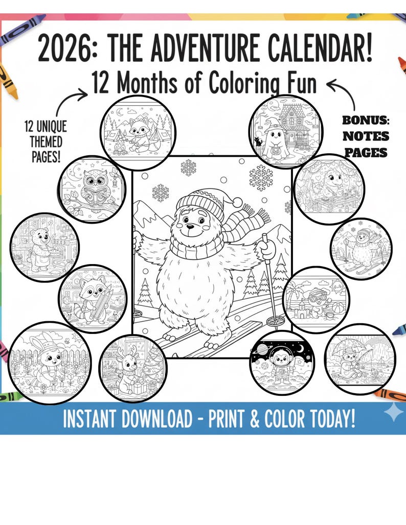 2026 Kids Coloring Calendar Printable 12-month, Fun Cute Seasonal Pages ...