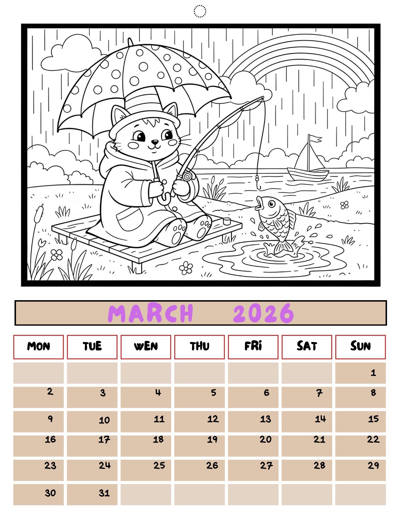 2026 Kids Coloring Calendar Printable 12-month, Fun Cute Seasonal Pages ...