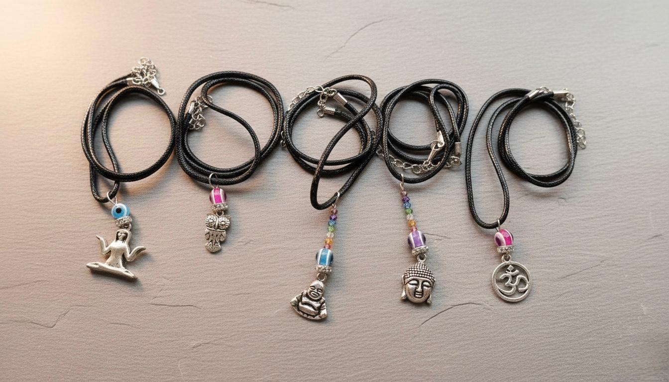 Necklace, Buddha, Om, Yoga, Owl, Spiritual charm, Evil eye charm, pendants on Black cord, energy pen