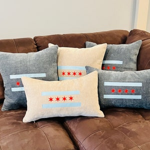 Chicago flag throw pillow. Hand sewn and embroidered, lumbar or square, navy blue or gray (local pick up is available)