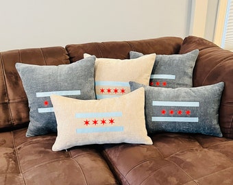 Chicago flag throw pillow. Hand sewn and embroidered, lumbar or square, navy blue or gray (local pick up is available)