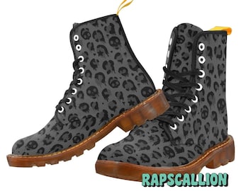 Grey Leopard Print Punk Combat Boots Unisex