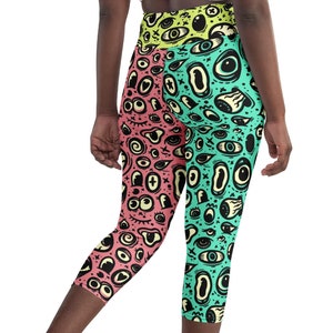 ¡Ojos a montones! Leggings capri de yoga: dibujos animados, extraños, raros, extravagantes, retro, arcoíris, atrevidos, ropa deportiva, gimnasio, ropa deportiva, para mujeres