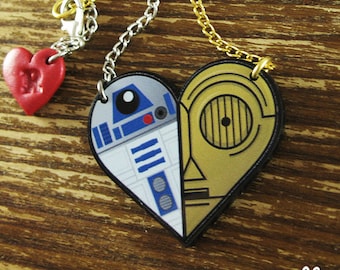 R2D2 & C3PO Friendship Heart Necklace Large - SINGLE