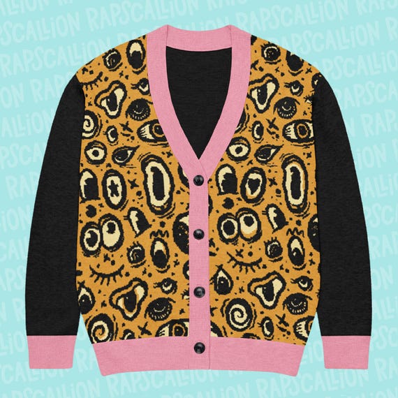 Yellow Pink Eyeball Cardigan, Unisex Button up Sweater, Cartoon