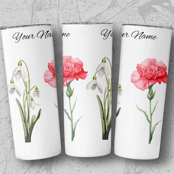 Personalized Floral Tumbler with Custom Name, Elegant Snowdrop and Carnation Design, Unique Gift for Her, Coffee Travel Mug