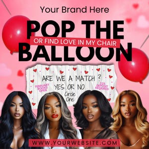 Volantino Pop The Balloon, Volantino di San Valentino, Video animato, Volantino di prenotazione di febbraio, Volantino di febbraio, Volantino di bellezza, Ciglia, capelli, trucco, Volantino Canva