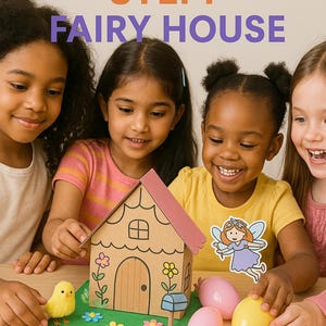 May include: Four children are making a fairy house out of a cardboard box. They are using colourful craft supplies to decorate the house. The house has a pink roof, a brown door, and a small mailbox. There are also some yellow flowers and a yellow chick on the ground in front of the house. The children are smiling and having fun.