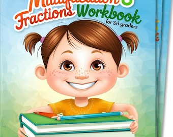 Könnte beinhalten: Ein farbenfrohes Arbeitsbuch mit dem Titel "Multiplication & Fractions Workbook for 3rd graders" und einer Illustration eines lächelnden Mädchens, das zwei Bücher hält.