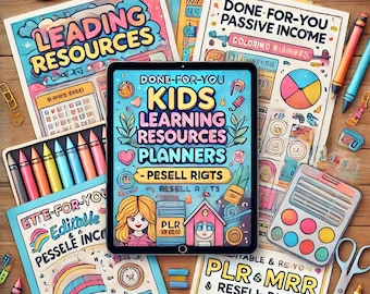 Puede incluir: Una tableta digital que muestra un gráfico colorido para un planificador de recursos de aprendizaje para niños con el texto "Done-for-you Kids Learning Resources Planners - Resell Rights". La tableta está rodeada de crayones de colores, marcadores y otros recursos imprimibles.