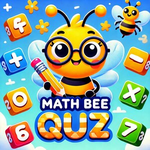 May include: A cartoon bee wearing glasses and holding a pencil, surrounded by colourful squares with maths symbols and numbers. The text "MATH BEE QUIZ" is in the centre of the image.