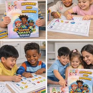 Pode incluir: Crianças trabalhando em atividades de alfabeto e números. A imagem mostra um livro intitulado "Alfabeto e Números" com personagens de desenhos animados. As crianças estão colorindo planilhas com letras e números.