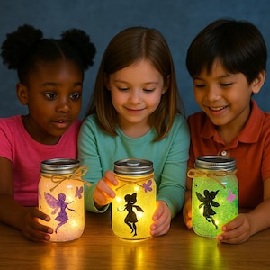 May include: Three glass jars with fairy silhouettes inside. The jars are lit from within, casting a warm glow. The jars are decorated with glitter and butterflies.
