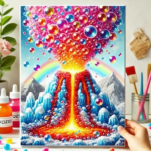 Può includere: Un dipinto che raffigura un vulcano in eruzione con bolle colorate al posto della lava. Il vulcano è circondato da montagne innevate e un arcobaleno.