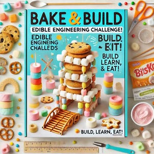Może przedstawiać: Niebieskie pudełko z tekstem "Bake & Build Edible Engineering Challenge!" na przodzie. Pudełko zawiera zestaw do budowania jadalnych konstrukcji z ciasteczek, pianek i innych smakołyków. Pudełko zawiera również tekst "Build, Learn, Eat!"