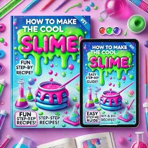 May include: Two colorful covers for slime making books. The covers feature a cartoon illustration of a cauldron with green and pink slime dripping from it. The text on the covers reads "How to Make the Cool Slime!" and includes the phrases "Fun Step-by-Step Recipes!" and "Easy Step-by-Step Guide!"