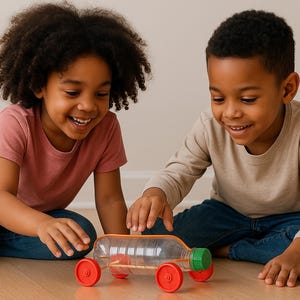 May include: Two children, one wearing a pink shirt and the other a beige shirt, are playing with a toy car made from a clear plastic bottle. The car has red wheels and orange axles. The children are smiling and looking at the car.