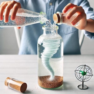Op de afbeelding: Een doorzichtige glazen fles met een draaiende werveling van water en glitter erin. De fles wordt gevuld met water uit een andere fles. Er is een kleine glazen fles met een kurkstop en een metalen globe op een standaard.