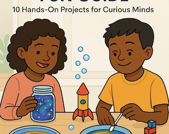 May include: Illustration of two children engaged in STEM activities. The image features the text "THE ULTIMATE KIDS' STEM FUN GUIDE" and "10 Hands-On Projects for Curious Minds." One child holds a jar with a galaxy design, while the other interacts with colorful liquids.