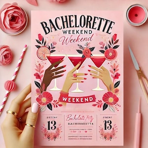 Invitación divertida para despedida de soltera / Tema rosa y rojo / Invitación para una noche de chicas imprimible digitalmente / Fin de semana de despedida de soltera / Descarga instantánea