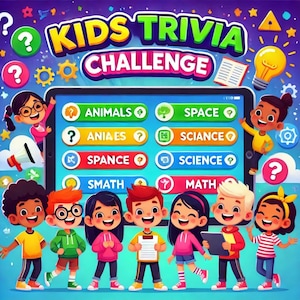 Puede incluir: Una ilustración colorida de una pantalla de tableta con las palabras "KIDS TRIVIA CHALLENGE" en la parte superior. La pantalla muestra una variedad de categorías de trivia, incluyendo animales, espacio, ciencia y matemáticas. Hay varios niños de dibujos animados alrededor de la tableta, todos sonriendo y mirando la pantalla.