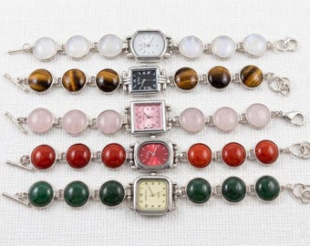 Pulsera con dije de piedras preciosas auténticas y reloj • Correa de reloj de jade estilo Y2K • Reloj de pulsera llamativo con ojos de tigre y cristales coloridos