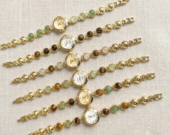 Gold Gemstone Watch Bracelet• Dainty Quartz Watch for Women• Boho Inlaid Jade Tiger Eye Link Bracelet Watch• Unique Anniversary Gift for Her