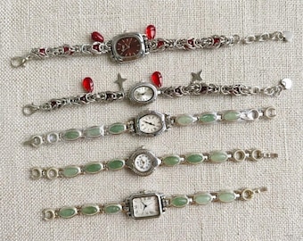 Vintage Style Gemstone Watch Bracelet • Elegant Silver Chain Charm Watch • Retro Quartz Bracelet Watch for Women • Unique Gift for Her