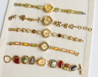 Vintage Bracelet Watch, Retro Jewelry Watch Band, Gold Tone Decorative Wristwatch, Gemstone Link Bracelet Watch, Feminine Fashion Watch