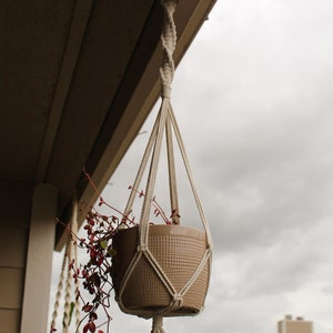 Op de afbeelding: Een beige macrame plantenhanger met een bruine keramische pot en een hangende plant met rode bladeren die aan het plafond van een veranda hangt.