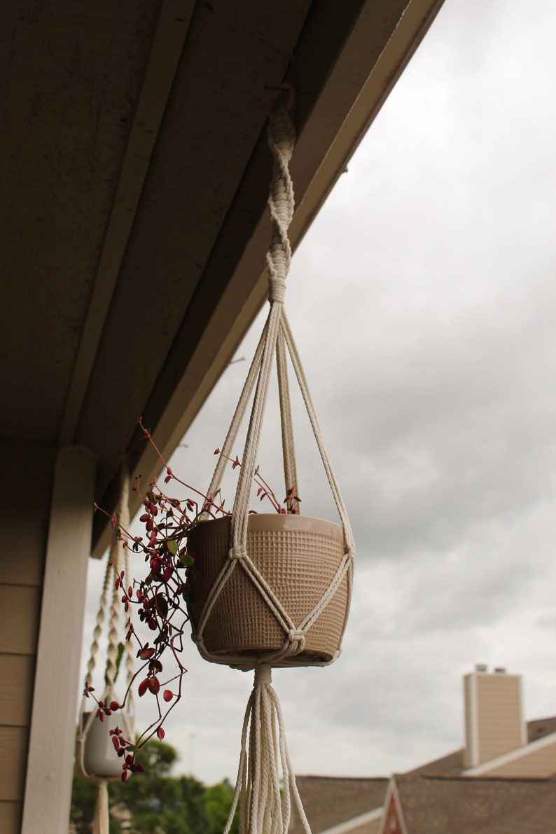 Op de afbeelding: Een beige macrame plantenhanger met een bruine keramische pot en een hangende plant met rode bladeren die aan het plafond van een veranda hangt.