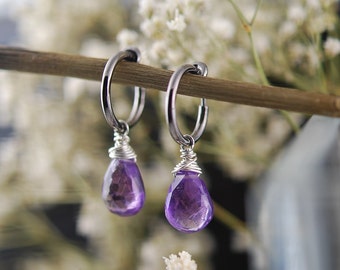 Two toned Tiny hoops -- clip on with amethyst drops on oxidized hoops