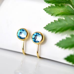 Clip on stud earrings - Swarovski Aquamarine gold