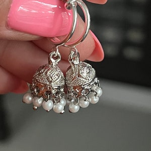 Silver jhumki - on clipon hoops Indian style clipon earrings. Extra small jhumka