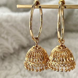 Gold jhumki - on clipon hoops Indian style clipon earrings. Medium jhumka