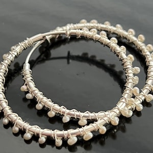 Clip on pearl hoops - large silver plates