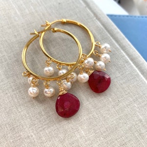 White pearl hoop earrings with ruby