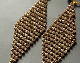 Clip on style rhinestone mesh dangle earrings gold tone