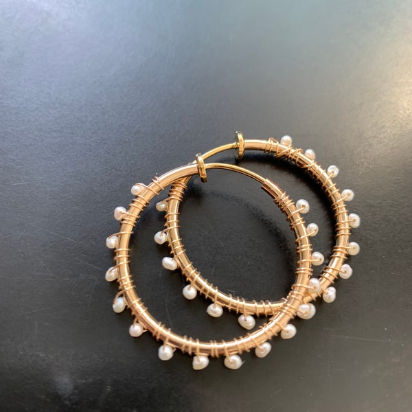 Clip on pearl hoops - medium size