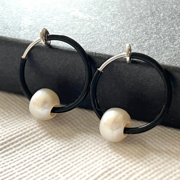 Black Clip on hoops with pearl