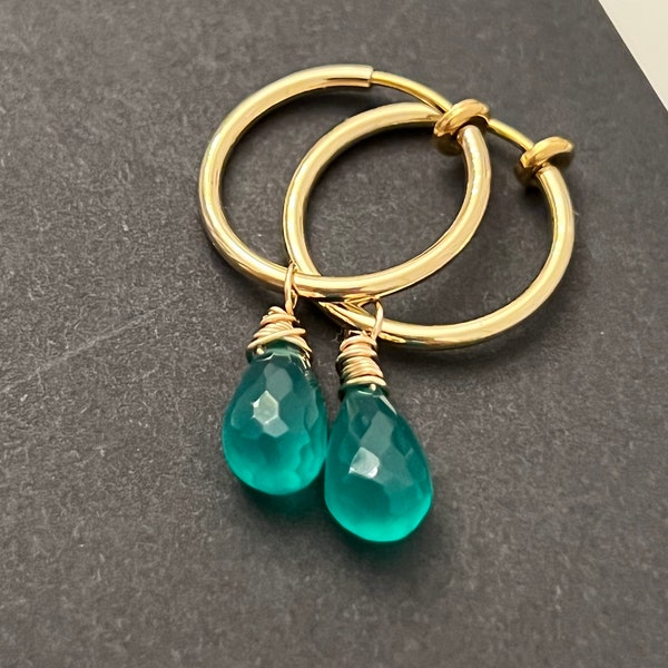Tiny hoops -- clip on with green onyx drops