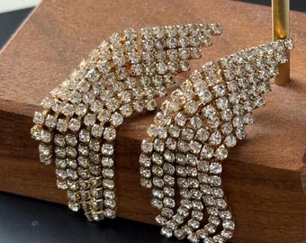 Clip on style rhinestone dangle earrings gold tone medium size