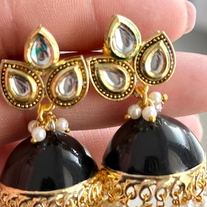 Black kundan jhumka on post -  Indian style earrings. Medium  jhumki earring